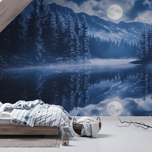 Lunar Reflection | Full Moon Over Misty Lake Mural | Night Forest | Tranquil Blue Landscape | BL114N