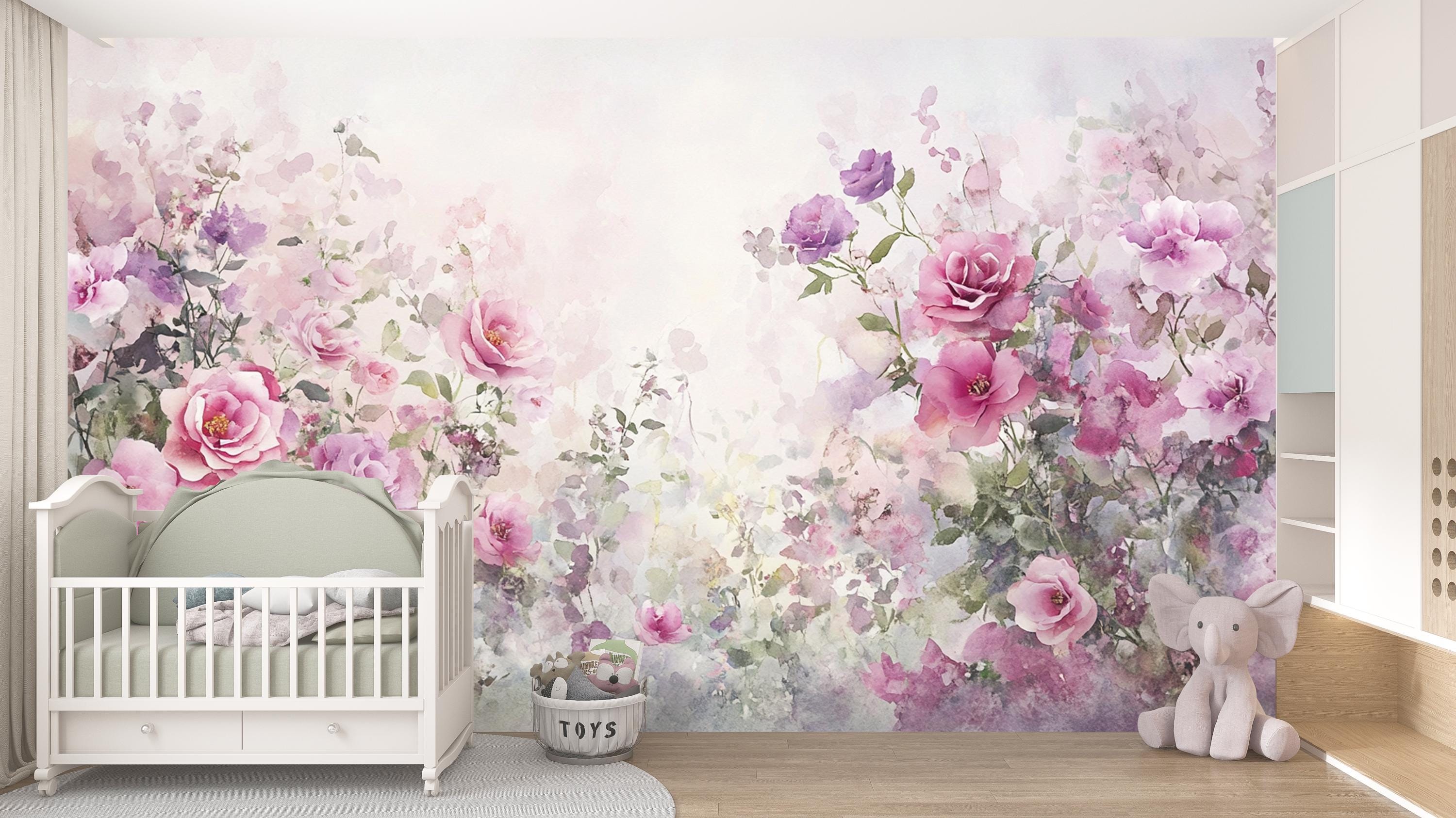 Rose Mist Garden Watercolor Floral Mural | Pink & Lavender Rose ...