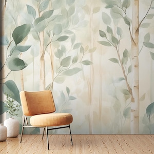 Whispering Birch Leaves Mural | Soft Watercolor Forest Wallpaper | Minimalist Peel and Stick Mural | Light Green Nature Wall Decor | BL28N