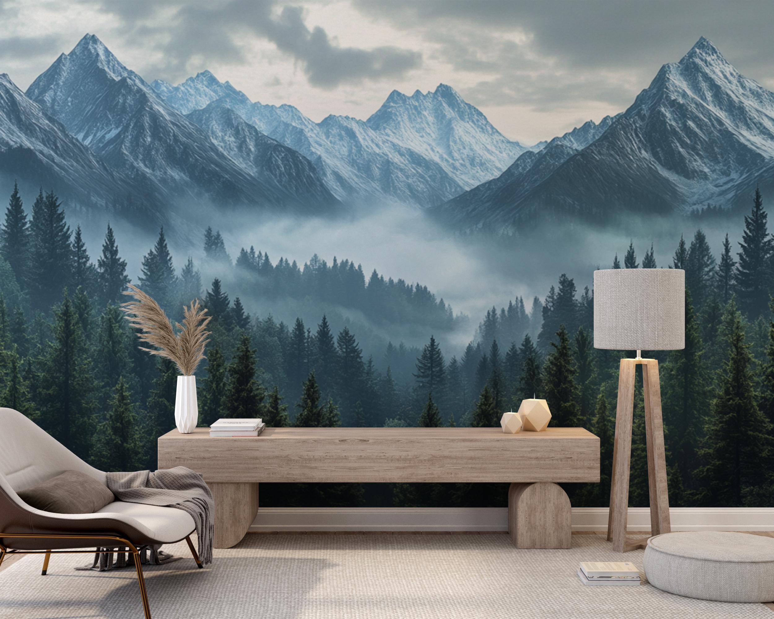 Glacierwood Peaks | Snowy Mountain Mural | Pine Forest Scenic Wallpaper ...