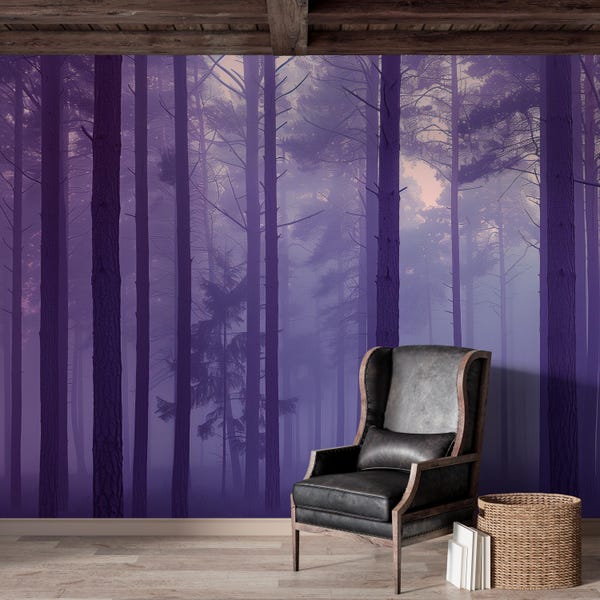 Lavender Woods | Purple Mist Forest Mural | Tranquil Tree Peel and Stick Wallpaper | A125