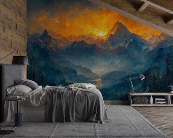 Könnte beinhalten: Schlafzimmer mit einem Berglandschaftsmural. Das Bett hat graue Bettwäsche und Kissen. Eine schwarze Stehlampe und ein Beistelltisch befinden sich neben dem Bett. Eine Holzwand und ein Regal mit Dekoration vervollständigen die Szene.
