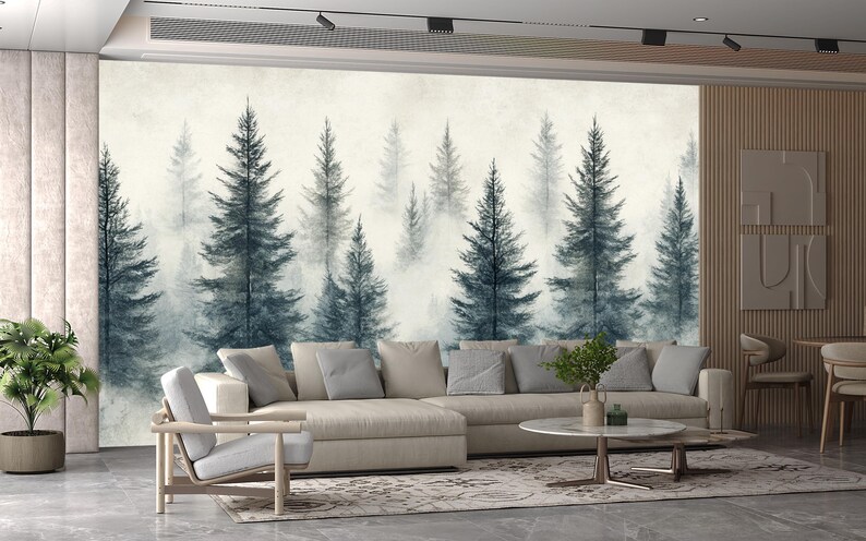 Whispering Pines | Pine Tree Forest Mural | Misty Neutral Nature ...