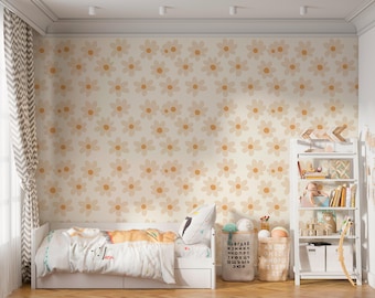 Sunnyfield Bloom | Tapeta w stylu retro Daisy | Ciepły beżowy wzór kwiatowy | Samoprzylepna | B152