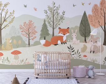 Mural Amigos do Prado da Floresta | Arte de Parede Coelho e Urso Raposa da Floresta | Papel de Parede de Animais Brincalhões | Mural de Parede Floresta Encantada | BL85K