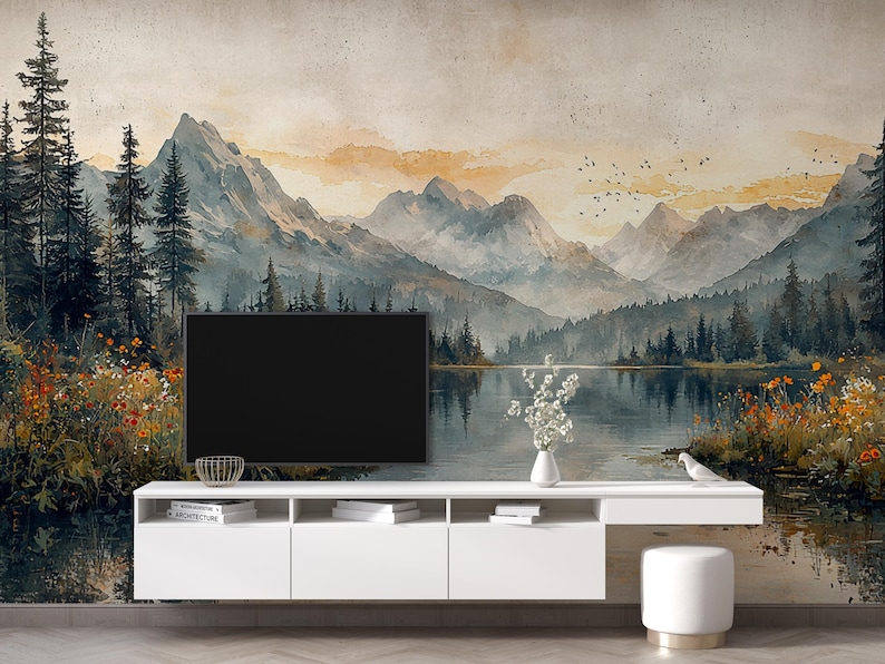 Wildflower Reflections | Sunset Mountain Mural | Scenic Lake Wallpaper ...