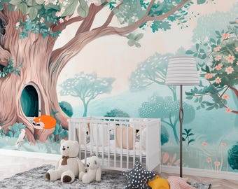 Papier peint renard des bois pour chambre d'enfant - Papier peint animal de la forêt avec autocollant ou non tissé - Papier peint forêt pépinière avec renard et raton laveur - France