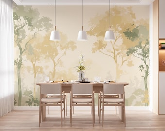 Golden Grove | Soft Watercolor Forest Mural | Neutral Tree Peel and Stick Wallpaper | A124