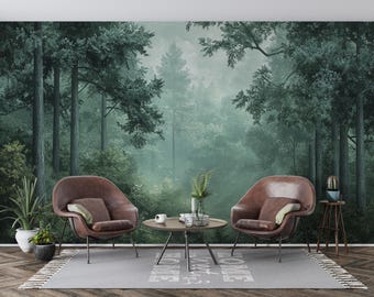 Verdant Forest Haven | Dark Green Forest Mural | Misty Woodland Wallpaper | Pine Tree Scene | BL53N