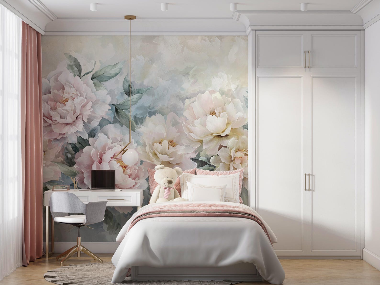 Pastel Peony Mural | Watercolor Floral Wallpaper | Blush Pink Botanical ...