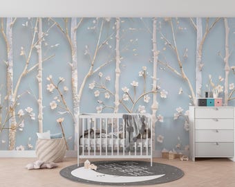 Azure Blossom Haven | Fototapeta z niebieskim drzewem | Elegancka tapeta z kwiatowym lasem | Wystrój pokoju dziecięcego | B171