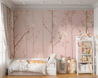 Serenity Grove | Tapeta z delikatnym różowym drzewem | Minimalistyczny kwiatowy mural z leśnym motywem | Wystrój pokoju dziecięcego | B170