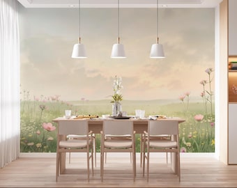 Whispering Bloom | Soft Meadow Mural | Pastel Wildflower Landscape Peel and Stick Wallpaper | A59