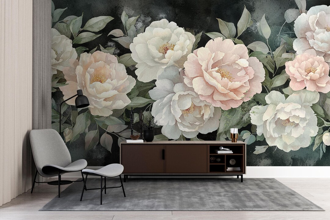 Dark Floral Peony Mural | Moody Watercolor Wallpaper | Elegant ...