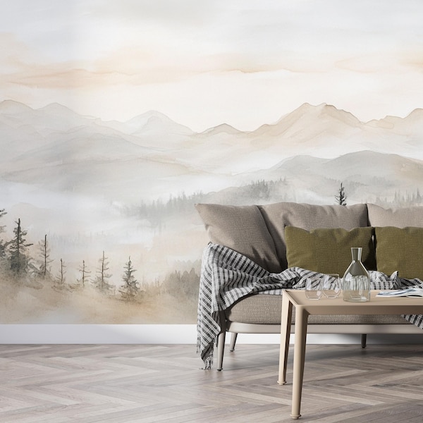 Taupe Mist Mountains | Neutral Watercolor Mural | Beige Forest Wallpaper | Calm Landscape Wall Art | MU50