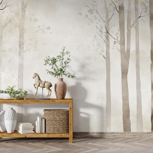 Frostveil | Minimalist Watercolor Forest Mural in Soft Neutral Tones | Beige & Taupe Tree Wallpaper | Calm Scandinavian Wall Decor | BL137N
