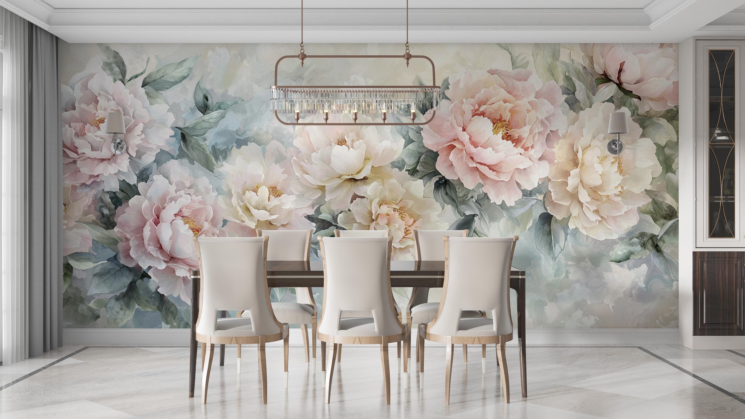 Pastel Peony Mural | Watercolor Floral Wallpaper | Blush Pink Botanical ...