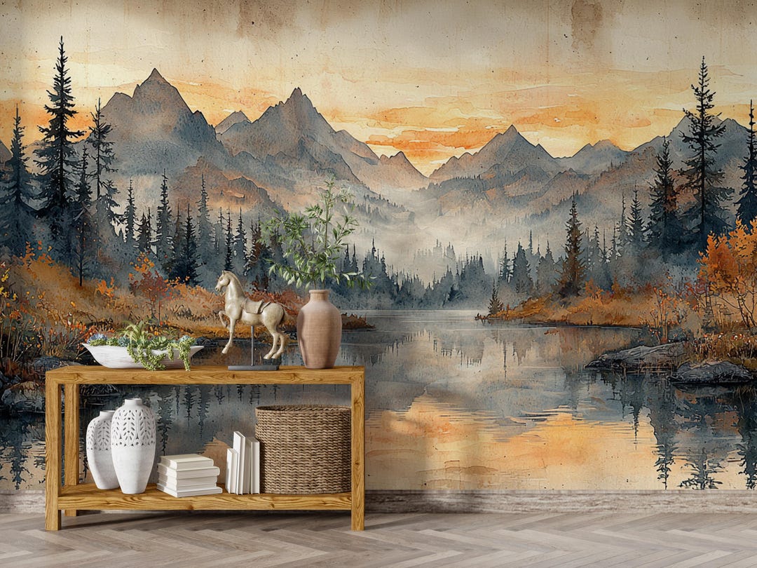 Autumn Reflections | Sunset Mountain Mural | Scenic Lake Wallpaper ...