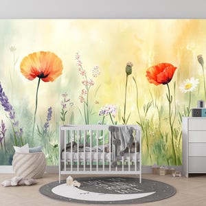 Sunset Meadow Bloom | Sunset Meadow Flower Mural | Bright Wildflower Field Wallpaper | Watercolor Floral Wall Art | BL41K