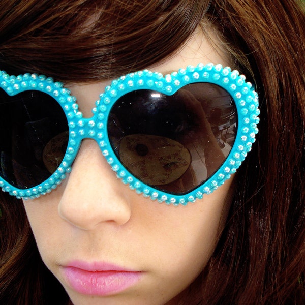 Itsy Bitsy- Light Blue Heart Shaped Sunglasses Covered In Matching Aurora Borealis Pearl Cabochons