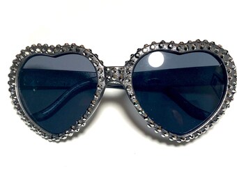 Dark Silver Grey Metallic Heart Shaped Sunglasses with Dark Chrome Rhinestones