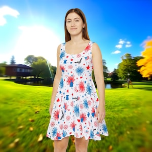 Whimsical Patriotic Skater Dress, Independence Day Women&#39;s Dress, 4th of July Party Outfit, Summer Dress for Her, Red White Blue Dress