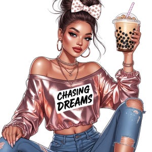 Colección de imágenes prediseñadas de chicas glamurosas y modernas: PNGs de moda con café helado y citas