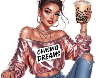 Trendy Glam Girl Clipart Collection – Fashionable PNGs with Iced Coffee & Quotes