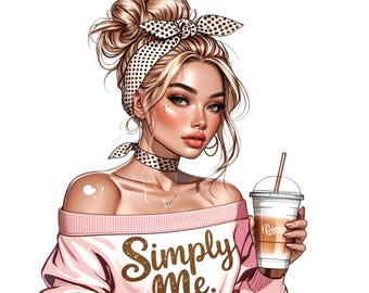 Blonde Woman with Iced Coffee PNG | Fashion Girl Clipart (Digital Download)