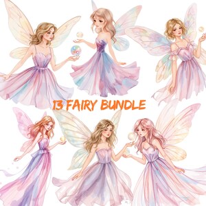 13 Fairy Clipart PNG Bundle – Pastel Watercolor Fantasy Fairies with Transparent Background – for Sublimation, Stickers, Scrapbook, Crafts