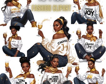 10 PNG Black Woman Fashion Clipart Bundle - Transparent Digital Download for Sublimation, Stickers, Scrapbooking, Cricut, Commercial Use