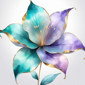 20 Flores de Fantasia em Aquarela PNG | Fundo Transparente | Clipart de Pétalas com Bordas Douradas | Download Digital de Flores Mágicas | Arte Botânica Boho
