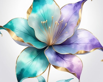 20 Watercolor Fantasy Flowers PNG | Transparent Background | Gold-Edged Petals Clipart | Magical Floral Digital Download |Boho Botanical Art