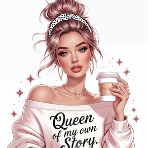 Pacchetto di clipart di donne che danno potere / 13 PNG di ragazze alla moda di alta qualità con citazioni ispiratrici / PNG trasparenti a 300 DPI / Arte estetica del caffè