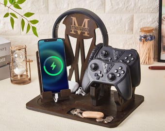 Personalized Controller and Headphone Stand,Gift for Dad,Custom Headset Holder with Phone Holder,Engraved Docking Station, Fathers Day gift