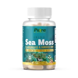 Organic Irish Sea Moss Capsules 1200 mg - with Bladderwack and Burdock Root, Wildcrafted Vegan Capsules, No Fillers, Non-GMO - Pure Pills