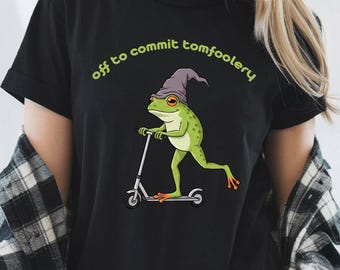 Comfort Colors T-Shirt Off to Commit Tomfoolery, Funny Frog Scooter Graphic Tee, Whimsical T-Shirt, Playful Mischief Gift, Cute Humor Shirt