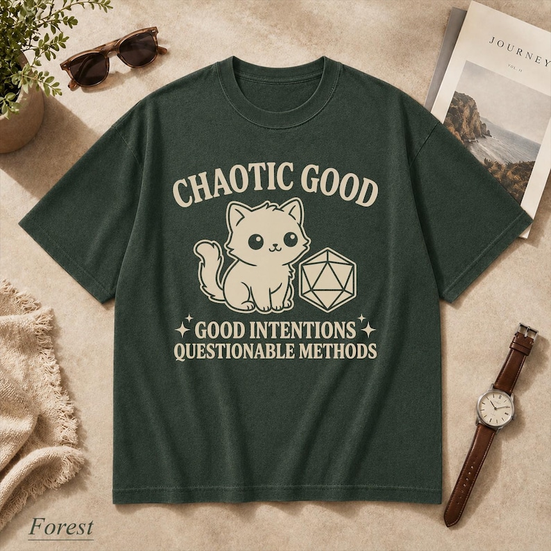 Comfort Colors Chaotic Good Cat T-Shirt - DnD D20 Dice Shirt - Funny Gamer Gift - Cute Kitten RPG Tee - Good Intentions image 6