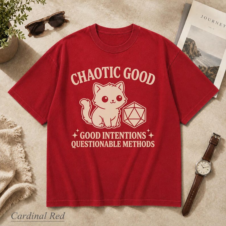 Comfort Colors Chaotic Good Cat T-Shirt - DnD D20 Dice Shirt - Funny Gamer Gift - Cute Kitten RPG Tee - Good Intentions image 9