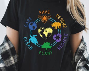 Wildlife Conservation Shirt Design | Save Rescue Care Clean Plant Recycle | Earth Day Environmentalist Bee Rhino Turtle PNG