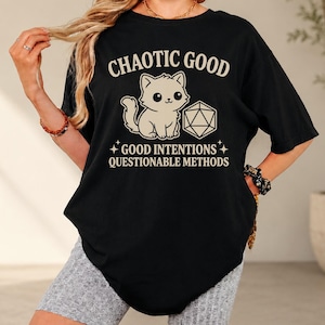 Comfort Colors Chaotic Good Cat T-Shirt - DnD D20 Dice Shirt - Funny Gamer Gift - Cute Kitten RPG Tee - Good Intentions image 1