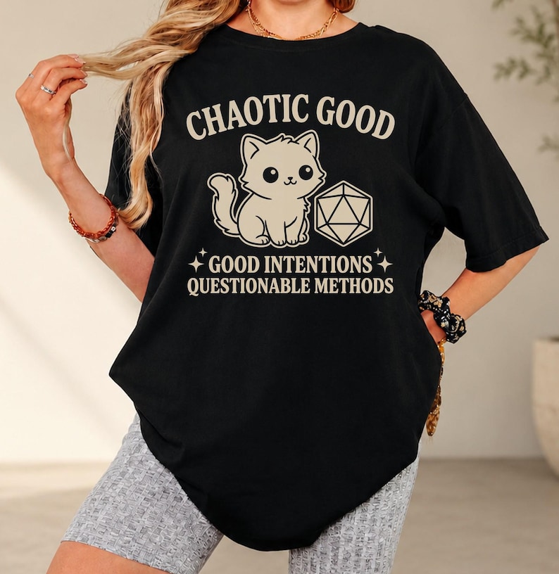 Comfort Colors Chaotic Good Cat T-Shirt - DnD D20 Dice Shirt - Funny Gamer Gift - Cute Kitten RPG Tee - Good Intentions image 1