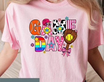 GAME DAY Softball Shirt, Vibrant Patterned Sports Top, Cute Athletic Player Tee, Youth Girls Softball Mom Gift Apparel, Trendy Fan