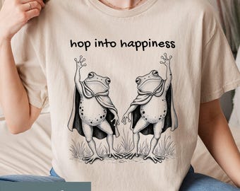 Hop Into Happiness Shirt, Whimsical Dancing Frogs Top, Joyful Amphibian Tee, Cute Animal Lover Gift, Funny Frog Print, Frog Toad shirt
