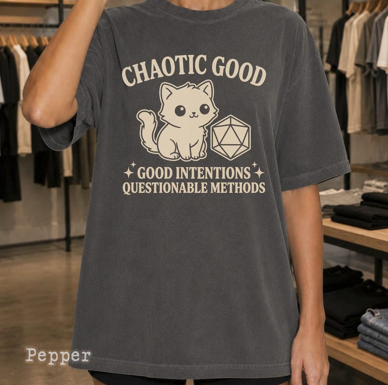 Comfort Colors Chaotic Good Cat T-Shirt - DnD D20 Dice Shirt - Funny Gamer Gift - Cute Kitten RPG Tee - Good Intentions image 15