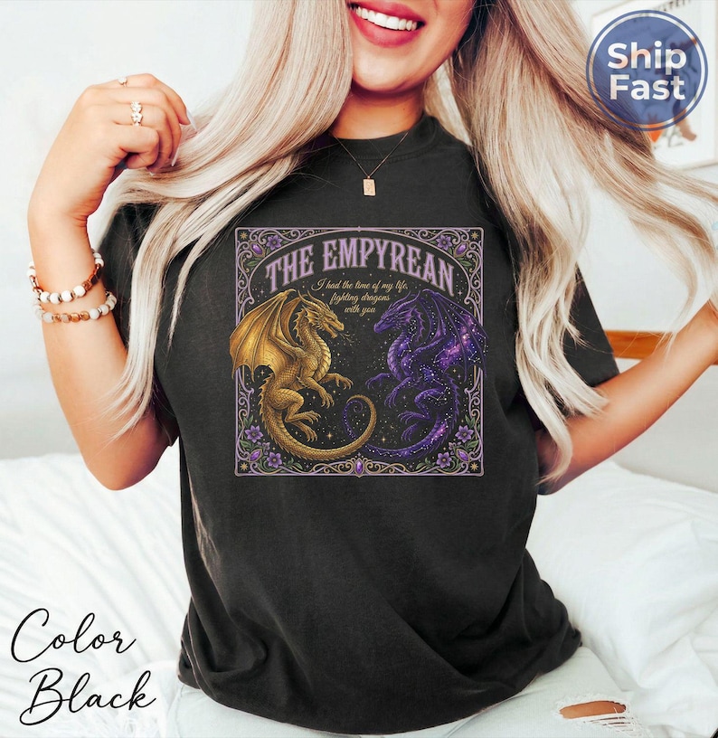 Comfort Colors The Empyrean Series T-Shirt, Fourth Wing Dragon Rider Shirt, Tairn and Andarna Bookish Gift, Fighting Dragons With You Tee image 4