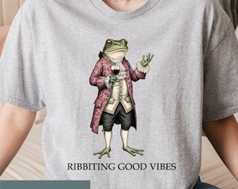 Ribbiting Good Vibes T-shirt, Vintage Frog Gentleman Graphic Tee, Whimsical Animal Lover Gift, Cottagecore Unisex Apparel