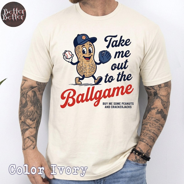 Camiseta Comfort Colors Take Me Out To The Ballgame com estampa de mascote de beisebol e amendoim, estilo retrô vintage, divertida e com a cara do mascote.