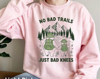 No Bad Trails Just Bad Knees Shirt, Funny Hiking Bears Tee, Mountain Adventure Outdoor Lover Apparel, Humorous Forest Expedition