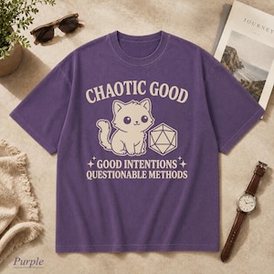 Comfort Colors Chaotic Good Cat T-Shirt - DnD D20 Dice Shirt - Funny Gamer Gift - Cute Kitten RPG Tee - Good Intentions image 4